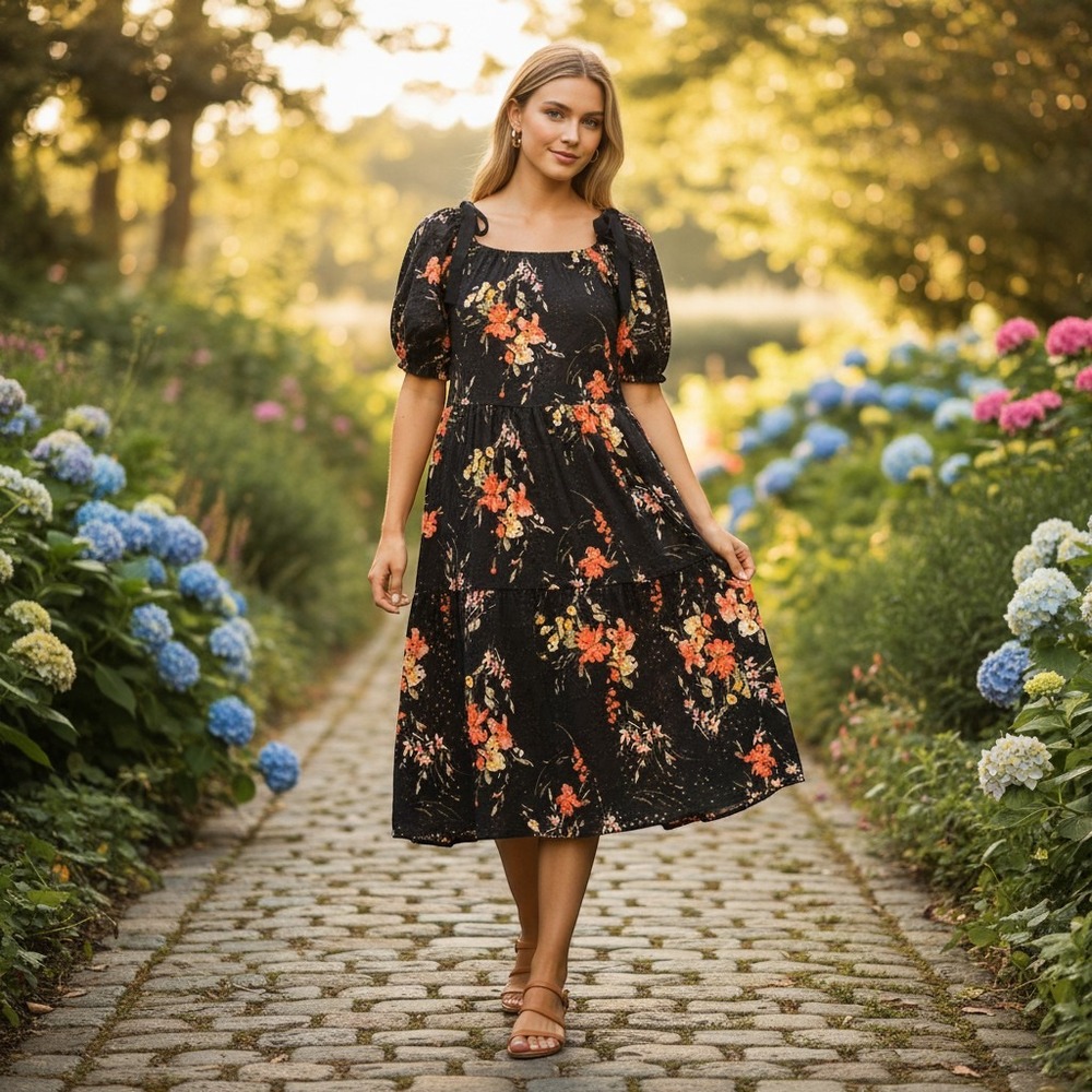 Milk Maid Midi Dress Womens Medium Black Floral Eyelet Excellent Puff Sleeve